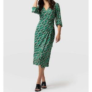 Saint + Sofia Size US 14 Green Cara Jardin Geometric Long Sleeve Wrap Midi Dress